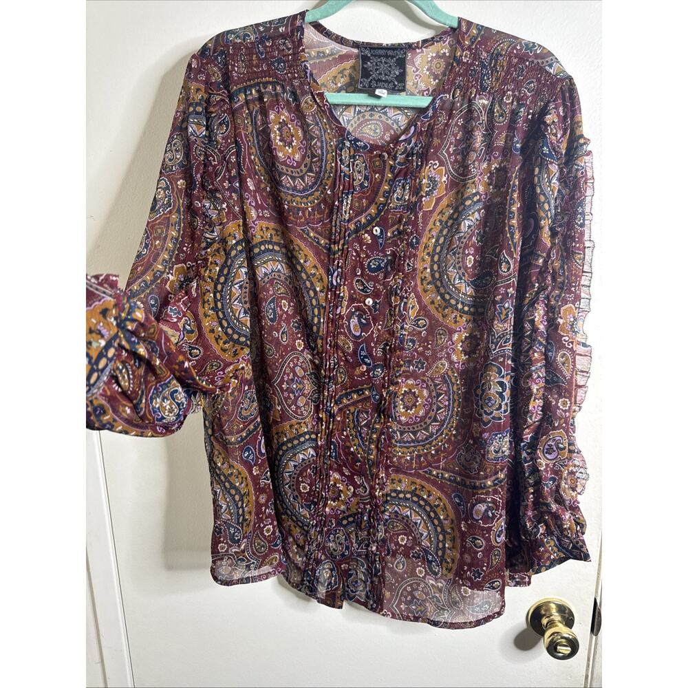 Johnny Was Epsilon Paisley Peasant Top Sheer Shimmer Button Up Boho Women’s 1x - Picture 2 of 7